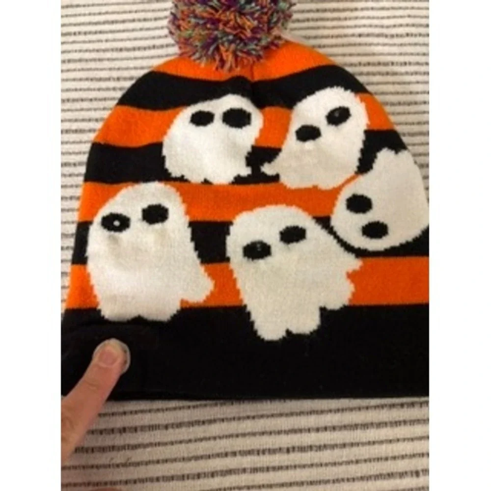 Walgreens Halloween Ghost Light Up Beanie Hat Orange Black Striped Pom Pom Kids